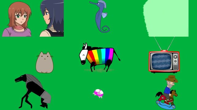Two anime girls looking at each other blue seahorse green background shape shield screen white black zebra old television set dog walking across cartoon character it man riding skateboard.