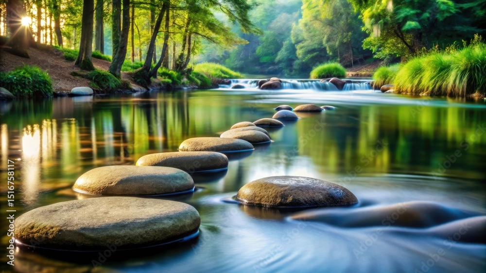 Poster serene steps across a tranquil stream in a lush forest at dawn