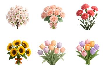 A vibrant collection of flower bouquets, featuring tulips, roses, sunflowers, and more. Perfect for conveying love, celebration, and nature's beauty. Ideal for various designs.