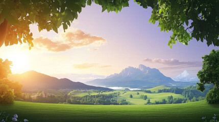 Serene forest valley stretches into distance under purple dusk sky, with lush green fields, distant mountains, and glowing sunset creating tranquil and picturesque scene