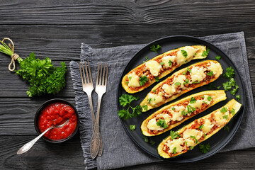 stuffed zucchini boats filled with bolognese sauce