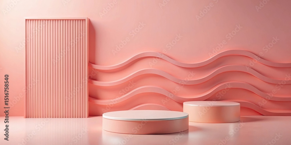 Poster Abstract Pastel Pink Cylindrical Display Platforms with Wave Pattern Background