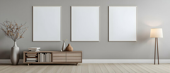 Three Empty Picture Frames On Gray Wall With Wooden Cabinet