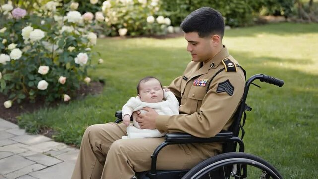 Soldier in a wheelchair with his baby.