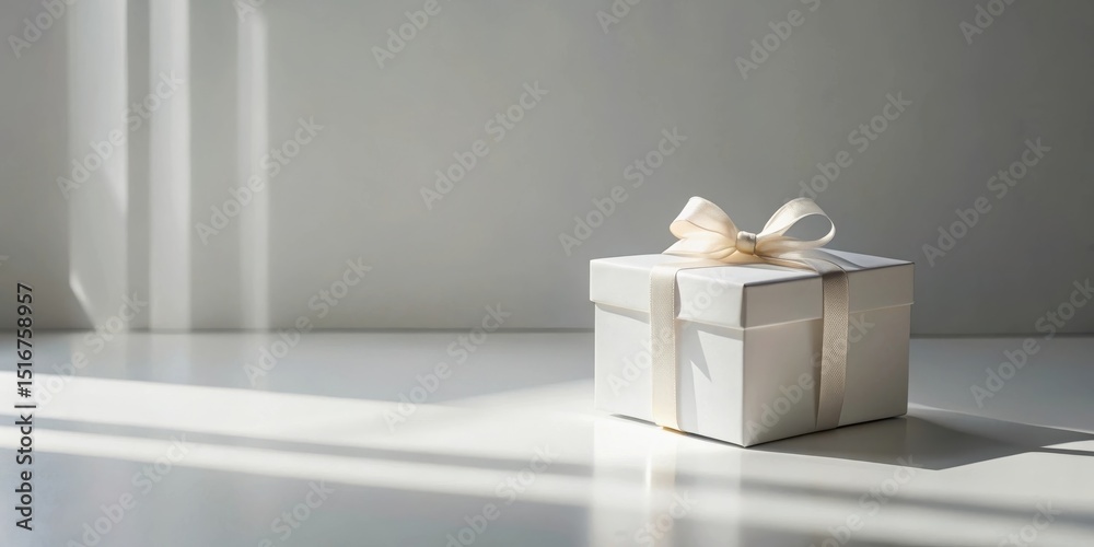Poster A pristine white gift box, adorned with an elegant cream ribbon, basks in the soft glow of sunlight streaming through a window, creating a serene and minimalist scene.