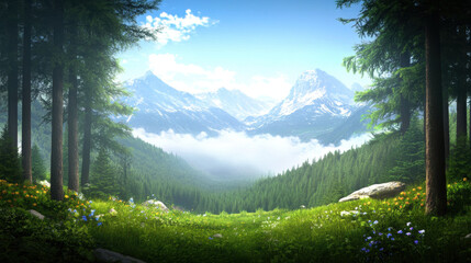 Serene mountain valley with mist curling through dense forest, surrounded by vibrant wildflowers and towering peaks under bright blue sky. scene evokes tranquility and natural beauty