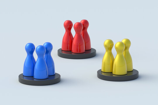 CRM, customer relationship management concept. Market segmentation. Target audience. Classification of employees. Groups of colorful figurines. 3d render