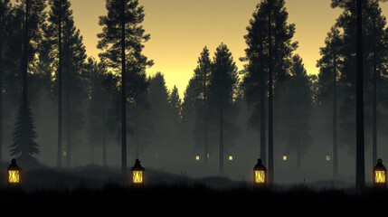 Serene forest scene at dusk with glowing lanterns scattered among tall trees, creating warm and moody atmosphere. soft horizon glow enhances tranquil ambiance