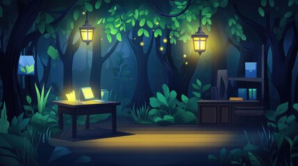 Serene forest scene with glowing lanterns, wooden desk holding illuminated laptop, and nearby shelf surrounded by lush greenery and fireflies, creating magical atmosphere
