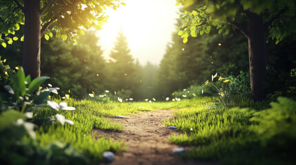 Fototapeta premium Serene forest trail illuminated by golden sunlight, surrounded by lush greenery and vibrant foliage, creating peaceful and cinematic atmosphere