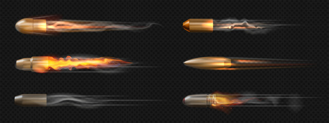 Flying bullet. Gun shot fire. Pistol ammunition trail effect. 3D realistic handgun shoot. Ballistic trajectory flight motion. Gunpowder combustion trace. Vector isolated rifle hits set © SpicyTruffel