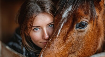 Fototapeta premium Young Woman Embracing a Horse, Symbolizing Friendship and Animal Welfare, Perfect for Lifestyle and Pet-Related Content, Conveying Trust and Connection