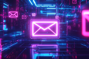 A glowing email icon surrounded by neon light squares on a dark background, a technology concept. An abstract digital and cyber futuristic