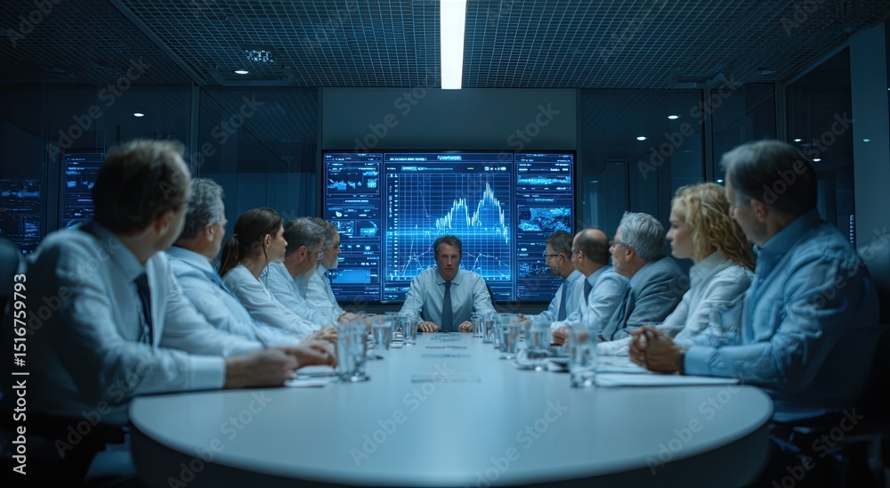 Poster business meeting around table with financial data displayed on screen, representing corporate strate