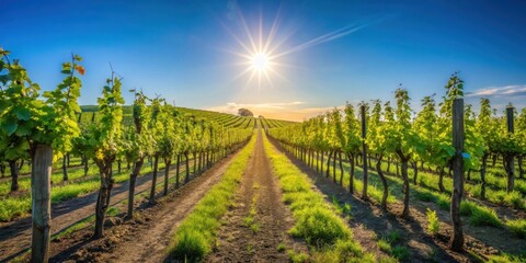 Naklejka premium Sunlit Vineyard Rows at Golden Hour A Serene Path Through Lush Grapevines Under a Radiant Sun