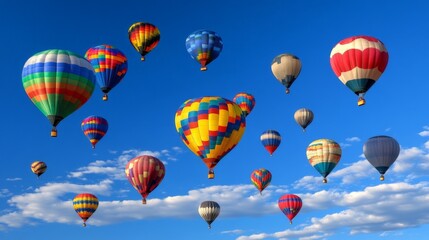 Obraz premium Colorful hot air balloons float across a bright blue sky with scattered clouds