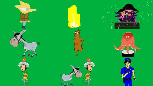 illustration fox wearing vest boots yellow flame green background cartoon character sitting at desk rain donkey screen bear it octopus standing top drum hat his head man mexican police.
