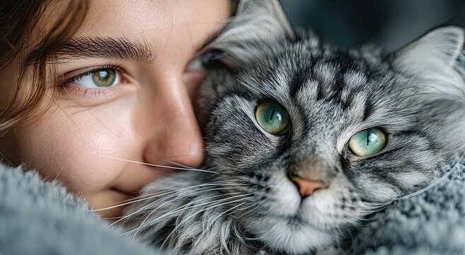 Woman Embracing Maine Coon Cat Affectionately, Showcasing Pet Ownership and the Comfort of Companionship in a Close-Up Portrait
