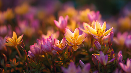 Fototapeta premium A close up shot of a field of pink and yellow flowers with a blurred background in soft lighting