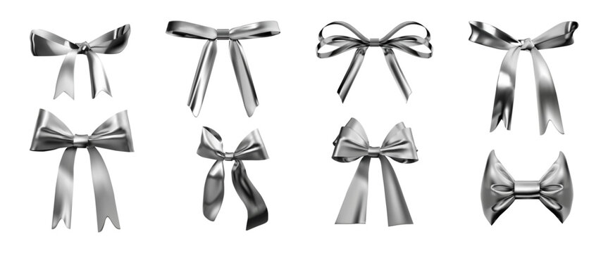 Vintage bow. Y2k halftone satin decorative ribbon, girly grunge shape for coquette collage or aesthetic punk tattoo. 3d isolated silver glossy elements for design. Vector graphic effect
