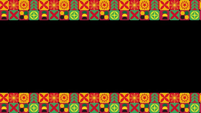 African ornament border and frame looping animation with transparent background. Rastafarian. Black history month. Juneteenth Freedom Day. Copyspace for video editing included for text, title, message