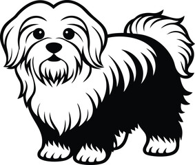 Adorable Maltese Silhouette: A charming Maltese dog in striking black and white silhouette, embodying playful charm. Capture the cuteness and essence of a beloved breed.