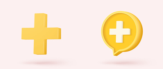 Fototapeta premium 3d plus sign icon on speech bubble .First aid and health care with minimal. Medical symbol of emergency help. Hospital and medical diagnostics. 3d assistance icon vector render illustration