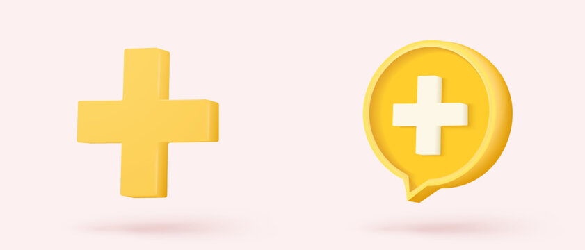 3d plus sign icon on speech bubble .First aid and health care with minimal. Medical symbol of emergency help. Hospital and medical diagnostics. 3d assistance icon vector render illustration
