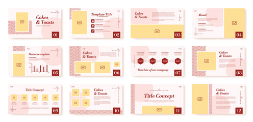 Ppt presentation. Company profile slide. Corporate brochure layout or power point business cover. Project report page with text and infographic. Vector banners design templates set