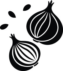 Onion Illustration: Two onions and seeds, one cut in half, are displayed in a simple black and white illustration.