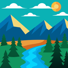 Obraz premium River, forest, mountains, sky with sun natural vector landscape background.