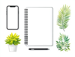 Online learning setup with white background including smartphone, planner, and digital textbook layout.