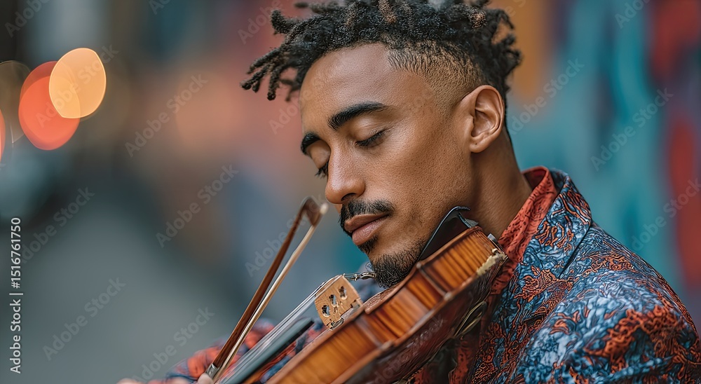 Poster man playing violin with eyes closed, representing artistic expression and musical performance, perfe