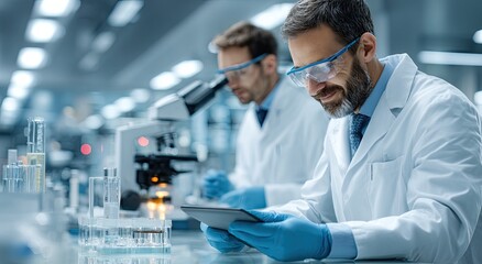 Scientists Using Tablet in Laboratory With Microscope, Representing Medical Breakthrough and Pharmaceutical Innovation in Healthcare Research and Development