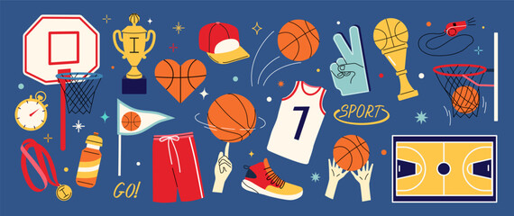 Sport doodles. Basketball game. Ball and sportwear. Groovy referee on retro competition. Athletic stadium playground. Tournament field. Whistle or champion medal. Vector cartoon set © SpicyTruffel