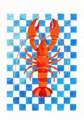 Minimalist poster with a red lobster on a checkered background. Perfect for love postcards, kitchen decor, or coastal-style prints.