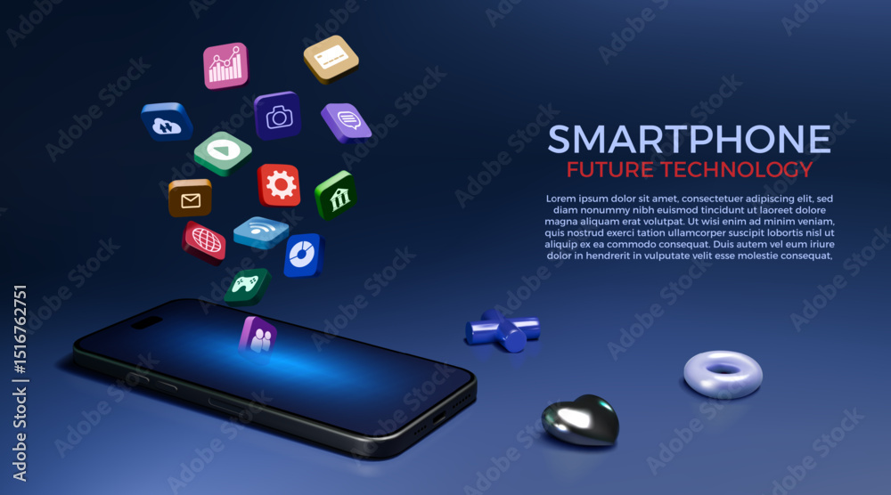 Leinwandbilder 3d social media icon. phone app display. realistic smartphone screen with cube box. download in tabl