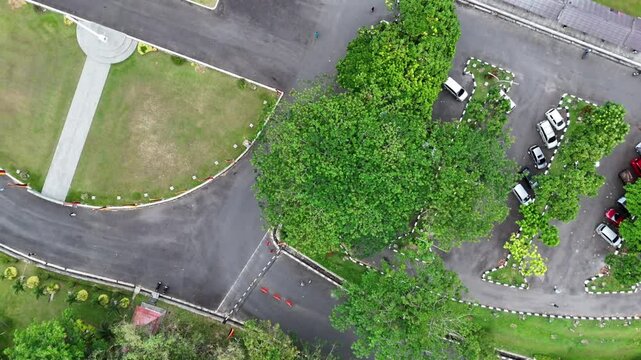 Aerial view of Bung Hatta Library is a public library in Bukittinggi, honoring Mohammad Hatta. It blends Minangkabau design and supports reading and cultural events.