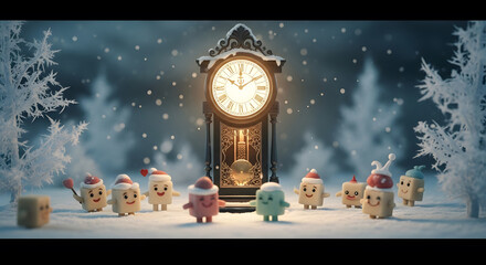 Whimsical Winter Scene Animated Snowflakes, Clock, Adorable Characters with Holiday Hats.