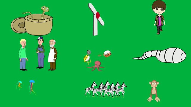 cup coffee green background knife cartoon character purple shirt jeans three characters standing front octopus fish white ball jellyfish screen monkey sitting red heart it brown hair men.