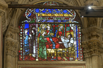 Stained glass window of the Miracle of the Sinful Abbess by Leonardo di Simone, c. 1380, Church of...