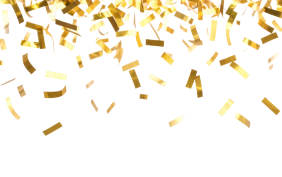 Golden confetti gently falling from above against a transparent background; PNG