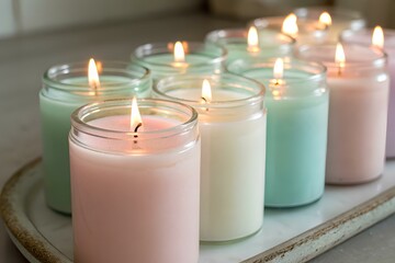 Glass jar candles in pastel tones with warm flames arranged on a tray, suitable for home decor, cozy relaxation themes, and lifestyle or interior design concepts
