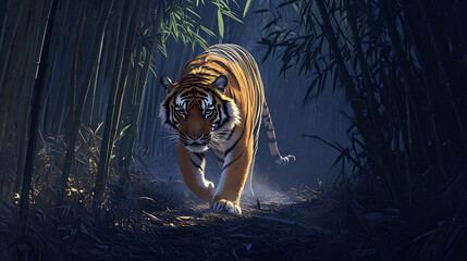 A tiger walking silently through a dense bamboo forest at dusk, the fading light casting long shadows on the forest floor. The atmosphere is tense, and the stillness of the jungle amplifies 