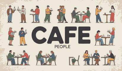 Cafe Art Poster: Vintage Style Illustration with People, Typography, and Retro Design