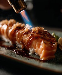 A photorealistic close-up image of a salmon sushi roll glazed with soy-based sauce and topped with decorative roe, being torched with a blue culinary flame. 