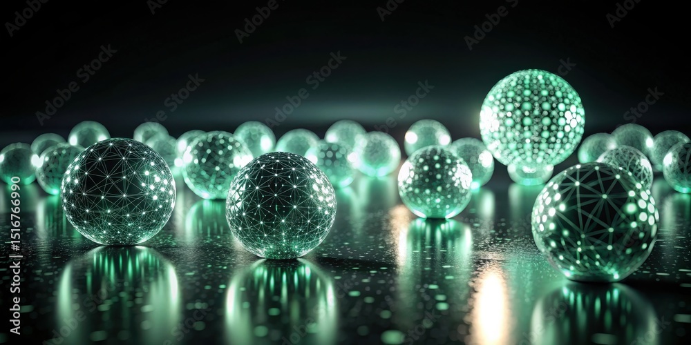Poster illuminated network spheres reflecting on a dark surface, representing interconnectivity and global 
