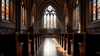 An empty church nave with rows of pews leading to a large stained glass window.