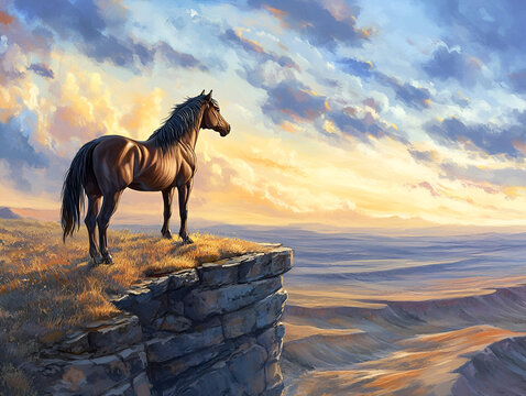 A wild stallion standing on a cliff overlooking a vast, wind-swept plain. The cool air and the setting sun casting long shadows enhance the sense of freedom and independence in the stallions posture.