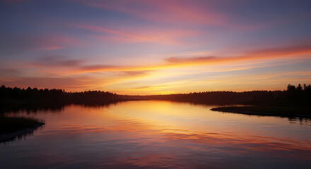 Naklejka premium Vibrant Sunset River Landscape: Peaceful Nature Scene Photography